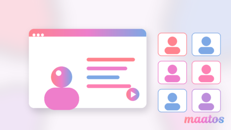 Illustratie in Maatos-stijl van een webinar: een spreker presenteert bij een scherm terwijl een online publiek meekijkt, in een zachte roze-paars-blauwe gradient.