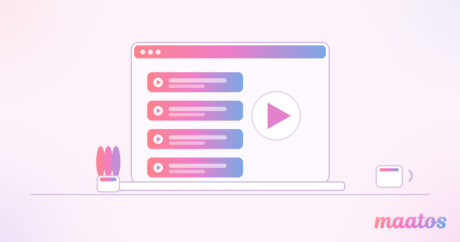 Illustratie van een laptop met een online training in losse modules met afspeelknoppen, in de pastelkleuren van Maatos.