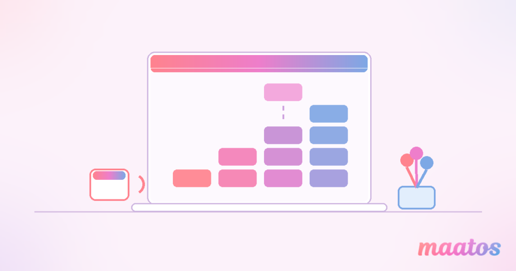 Illustratie van een laptop waarop blokken tot een steeds hogere stapel worden opgebouwd, met een blok dat nog geplaatst wordt, in de pastelkleuren van Maatos.