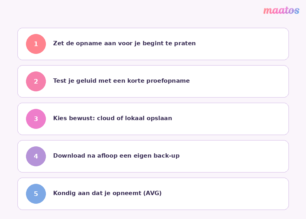 Checklist met vijf stappen om een webinar goed op te nemen: opname aanzetten voor de start, geluid testen, opslaglocatie kiezen, een back-up downloaden en de opname aankondigen.