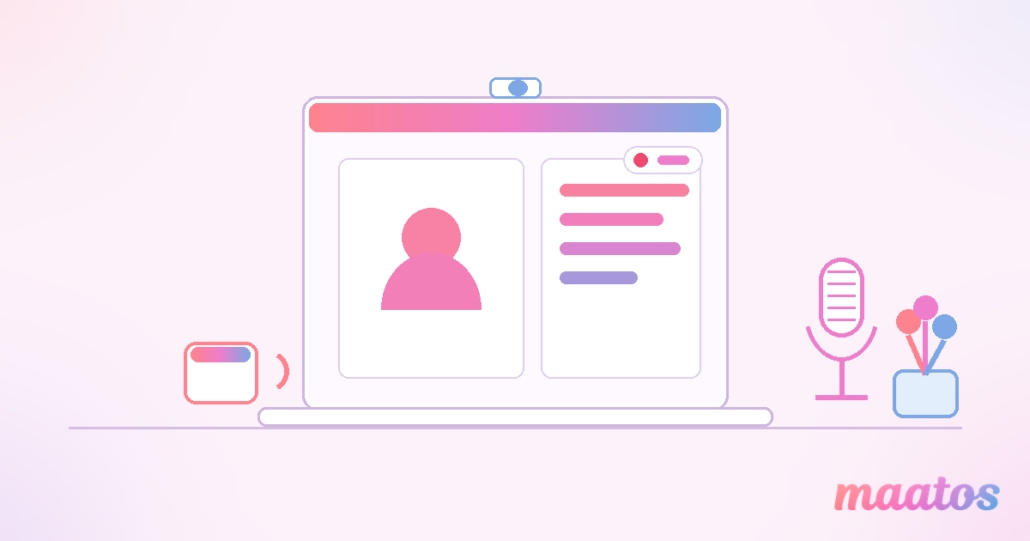 Illustratie van een laptop met een webinar-presentatie en een opnamestip, met camera en microfoon, in de pastelkleuren van Maatos.
