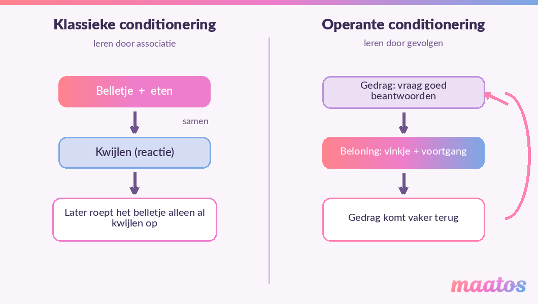 Diagram dat klassieke conditionering (associatie tussen twee prikkels, zoals Pavlovs bel en eten) naast operante conditionering (gedrag dat door een beloning vaker terugkomt) zet.