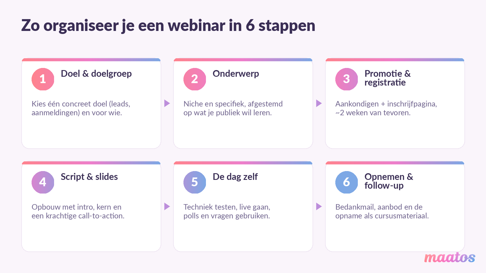 Infographic met de zes stappen om zelf een webinar te organiseren, van doel bepalen tot follow-up, in de pastelkleuren van Maatos.
