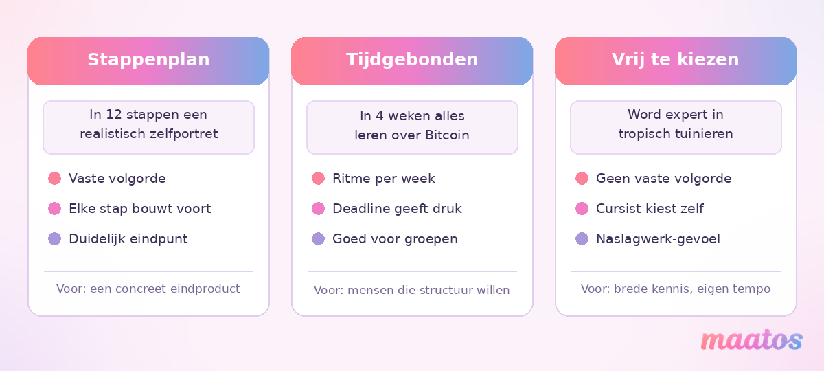 Drie kolommen met cursusformats naast elkaar: stappenplan, tijdgebonden en vrij te kiezen, elk met een voorbeeldtitel, drie kenmerken en voor wie het format past.