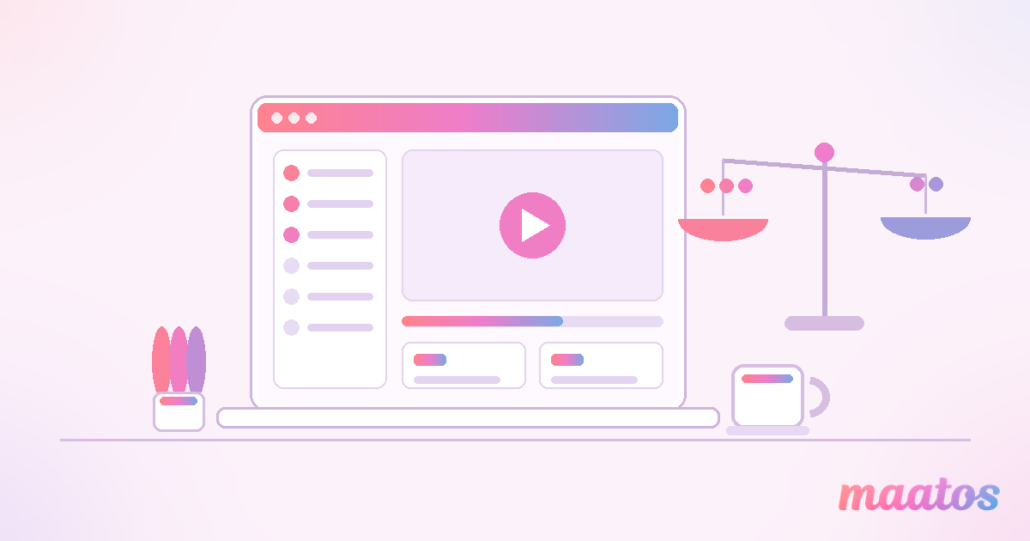 Illustratie van een laptop met een cursusomgeving naast een weegschaal in de Maatos-kleuren, als beeld bij het vergelijken van online cursusplatforms.