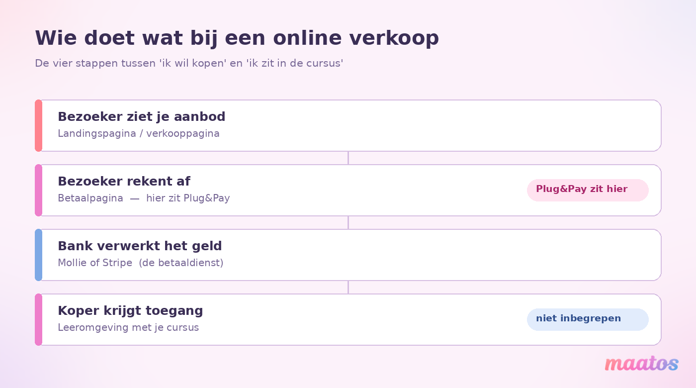Schema van vier stappen bij een online verkoop: verkooppagina, betaalpagina waar Plug&Pay zit, de betaaldienst Mollie of Stripe, en de leeromgeving die niet bij Plug&Pay is inbegrepen.