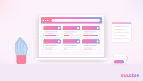 Illustratie van een werkplek met een laptop waarop een online academie met meerdere cursussen staat, in de pastelkleuren van Maatos.