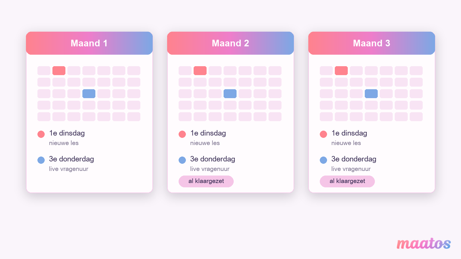 Drie maandkalenders met steeds op de eerste dinsdag een nieuwe les en op de derde donderdag een live vragenuur, maand 2 en 3 al klaargezet