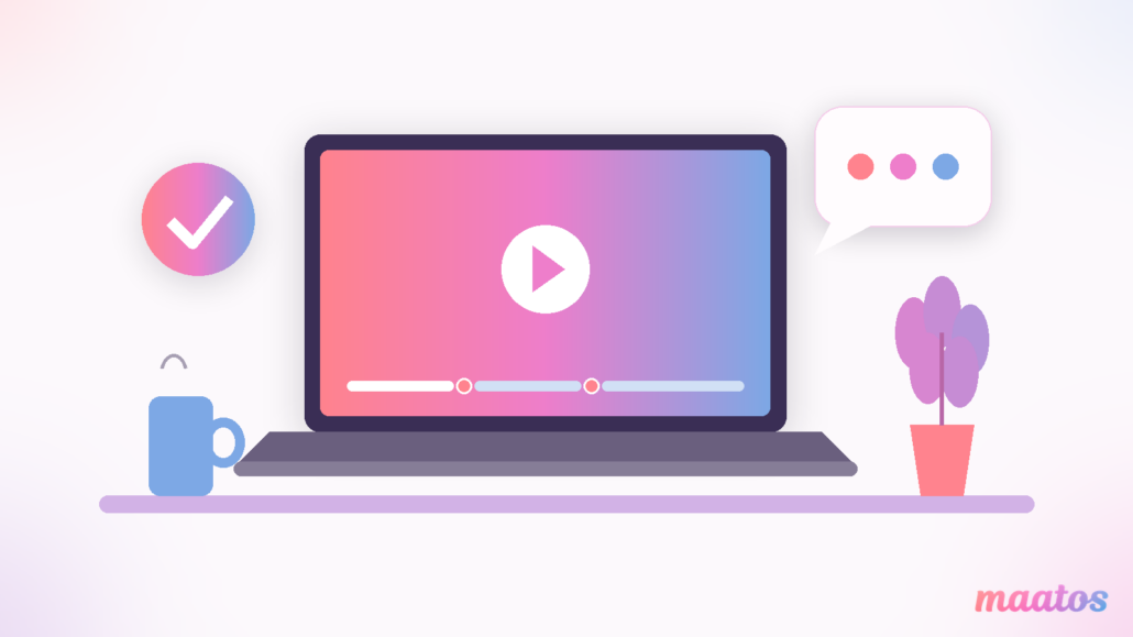 Illustratie van een laptop met een lesvideo in drie blokken en stippen ertussen, een vinkje, een spraakwolk, een mok en een plant in Maatos-kleuren