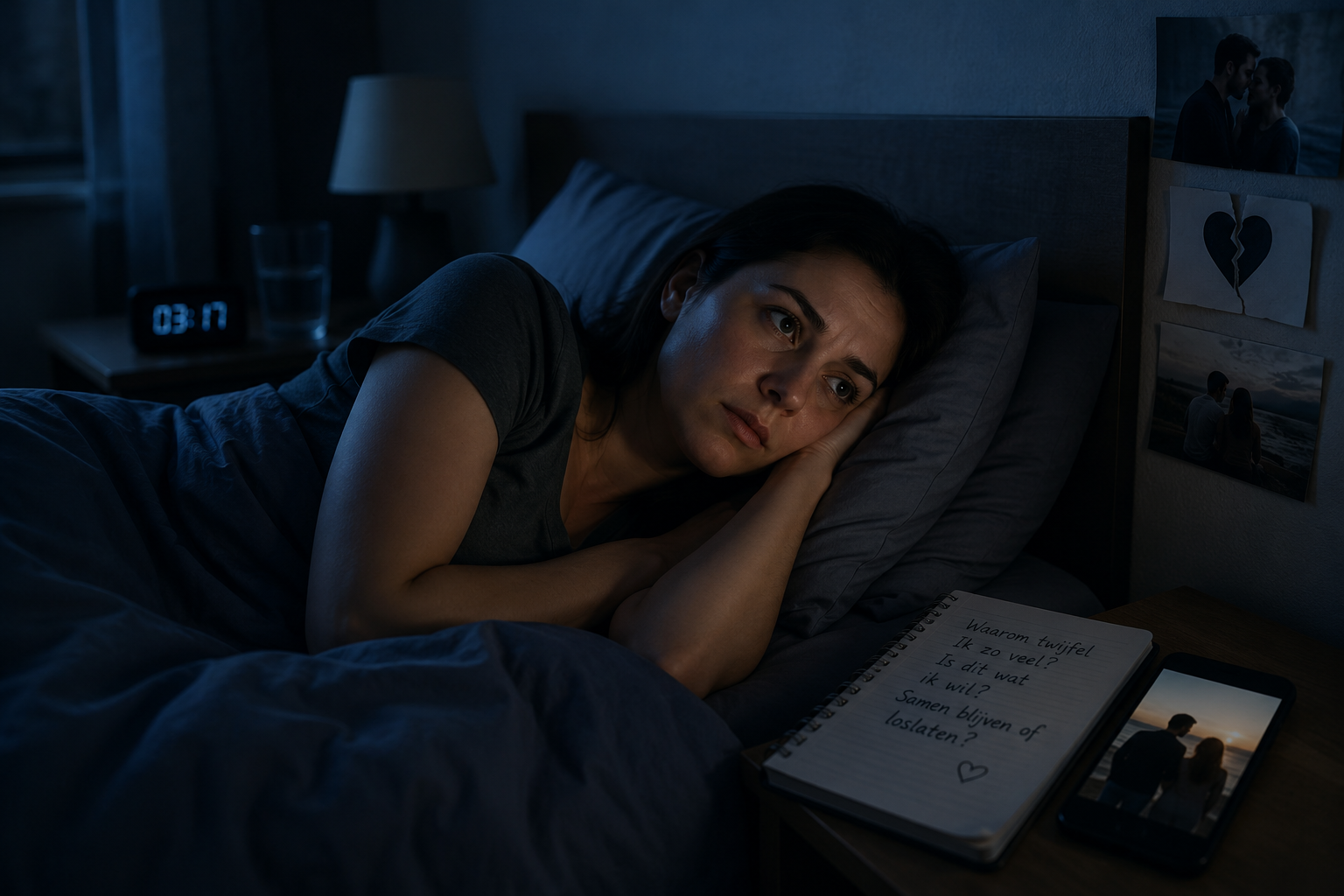 Vrouw die 's nachts wakker ligt, uitgeput door aanhoudende twijfel over haar relatie