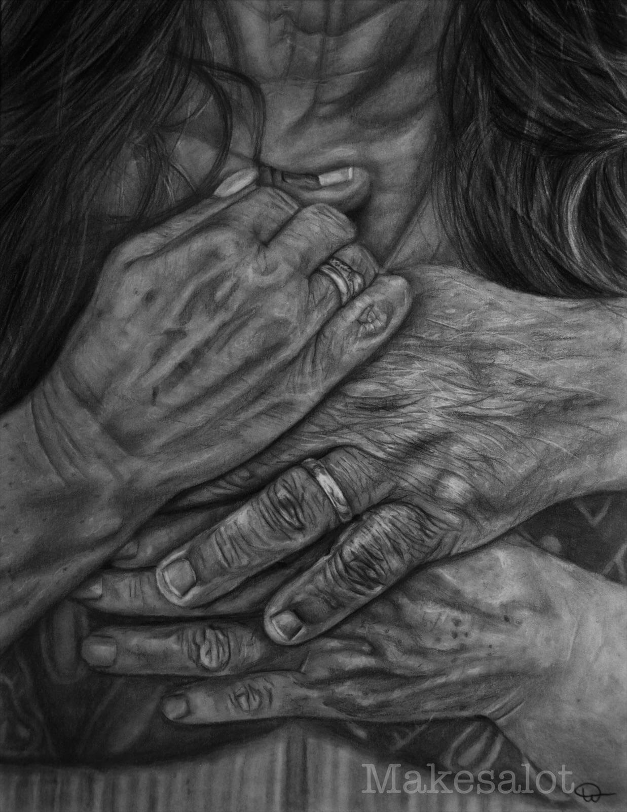 Realistische tekening van de handen van 2 personen, zwart wit tekening