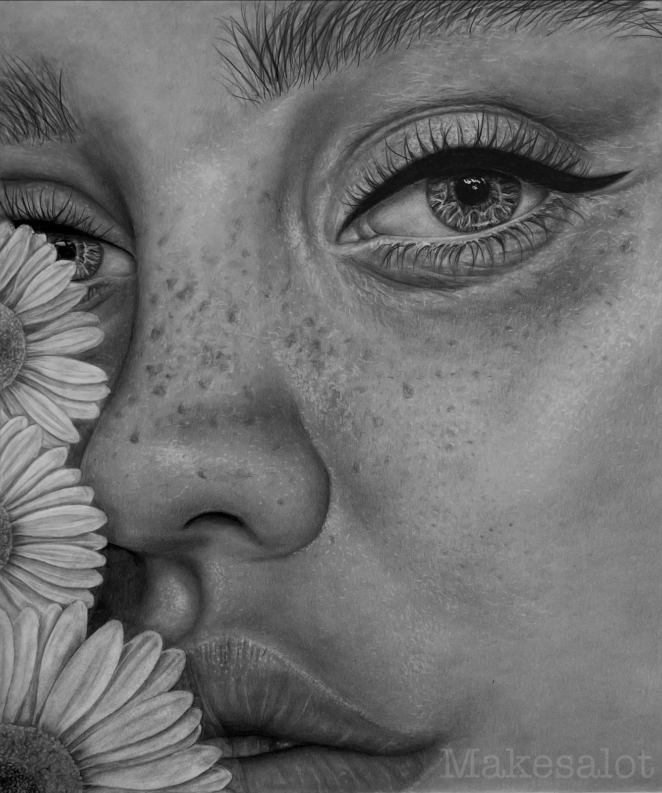 Realistisch getekend portret, close-up tekening van een vrouw met bloemen voor het gezicht