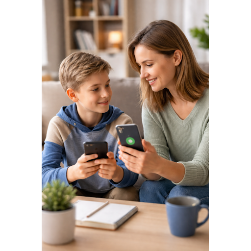 Moeder en kind die samen WhatsApp gebruiken