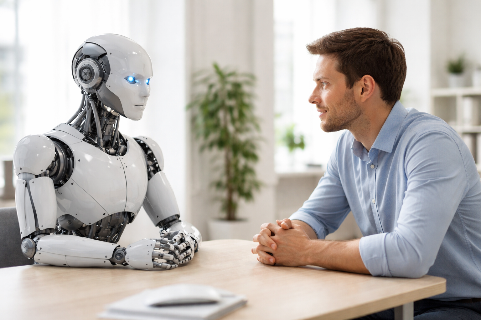 Mens en robot in gesprek over kunstmatige intelligentie en ethiek