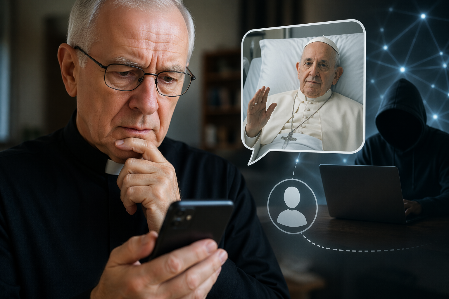 Priester kijkt bezorgd naar smartphone terwijl AI-oplichting met nepbericht van paus wordt gesimuleerd