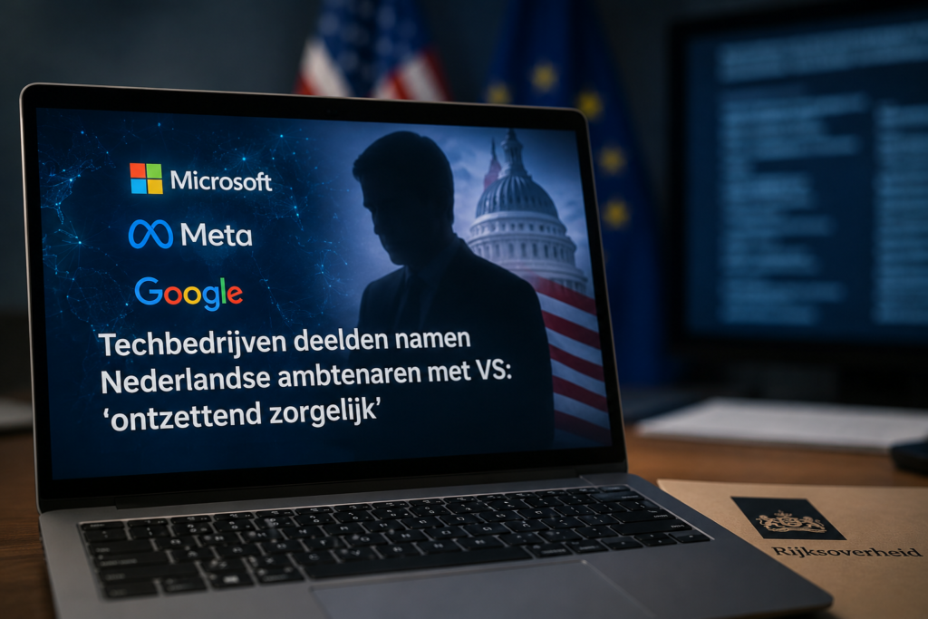 Laptop met logos van grote techbedrijven en een silhouet van een persoon, als illustratie van privacyzorgen en digitale afhankelijkheid van Amerikaanse technologiebedrijven.