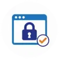 Pictogram voor de kennisbankpagina Veilig online met een browservenster, hangslot en vinkje, over online veiligheid en privacy
