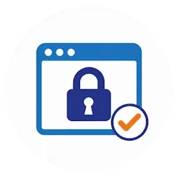 Pictogram voor de kennisbankpagina Veilig online met een browservenster, hangslot en vinkje, over online veiligheid en privacy
