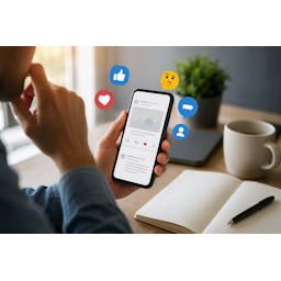 Persoon gebruikt sociale media op een smartphone terwijl zorgvuldig wordt nagedacht over online communicatie en digitale verantwoordelijkheid.