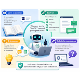 Infographic die laat zien wanneer ChatGPT een nuttig hulpmiddel is. De afbeelding toont toepassingen zoals leren en studeren, schrijven, brainstormen en technische ondersteuning. Centraal staat een AI-chatbot die gebruikers ondersteunt bij dagelijkse werkzaamheden en het verwerken van informatie.