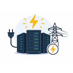 Pictogram van een datacenter met serverracks, elektriciteitsnet en stroomsymbolen. De illustratie laat zien dat datacenters grote hoeveelheden elektriciteit gebruiken voor het verwerken van gegevens en het draaien van AI-systemen.