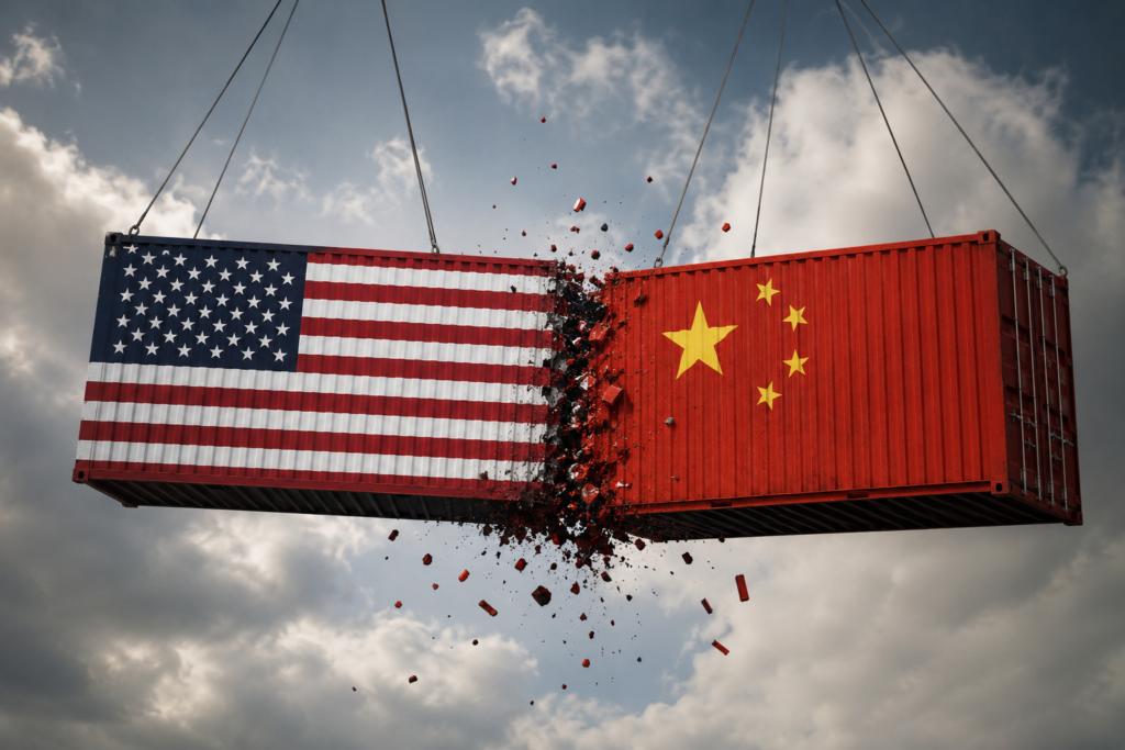 Containers met de vlaggen van China en de Verenigde Staten botsen hard tegen elkaar als symbool voor de wereldwijde AI-strijd tussen beide grootmachten.