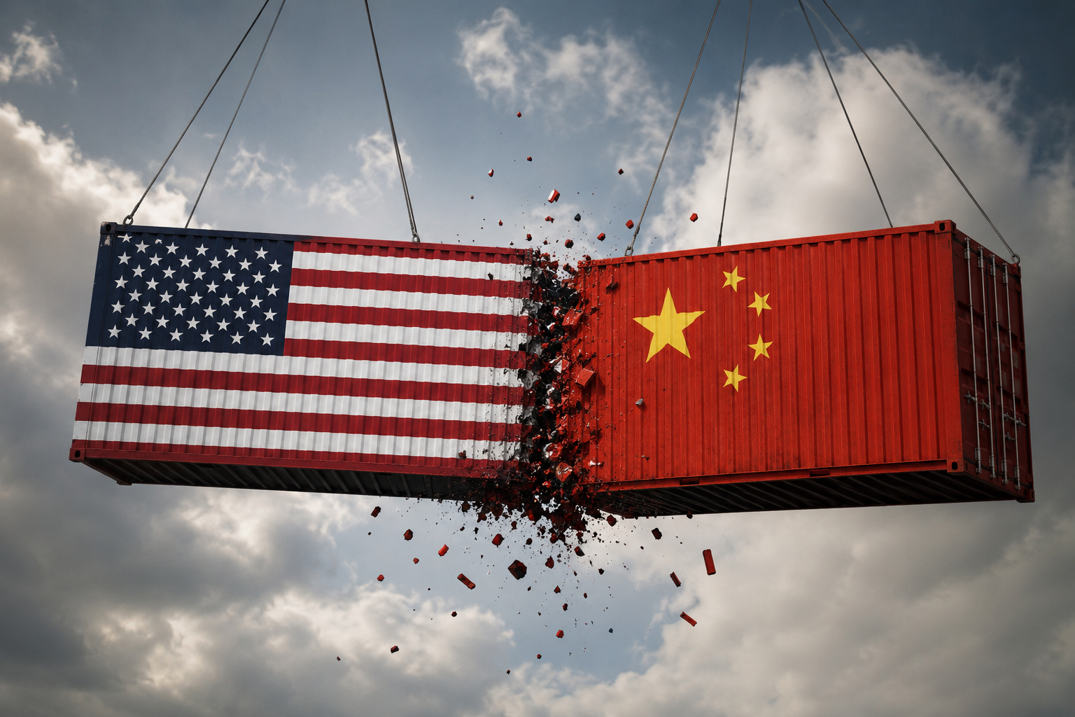 Containers met de vlaggen van China en de Verenigde Staten botsen hard tegen elkaar als symbool voor de wereldwijde AI-strijd tussen beide grootmachten.