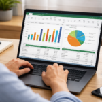 Iemand die achter de laptop met Excel aan het werk is.