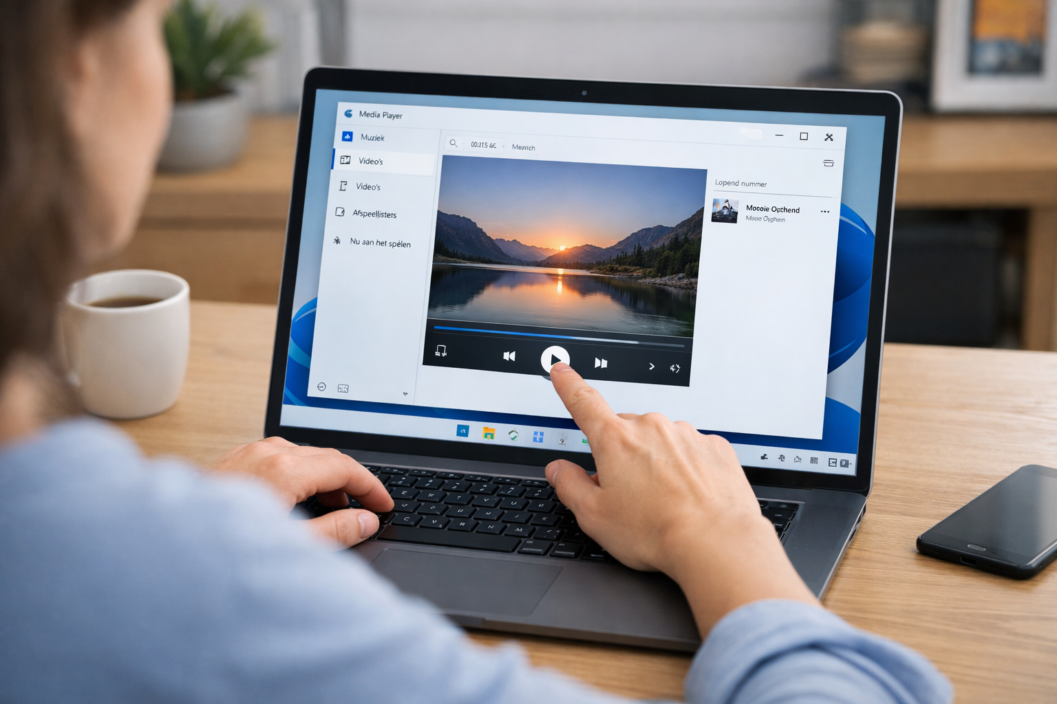Persoon gebruikt mediaplayer in Windows 11 op laptop