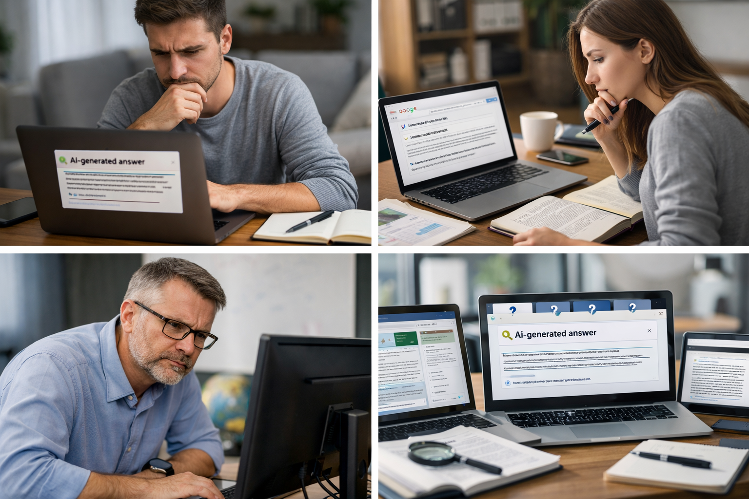 Persoon controleert kritisch AI-antwoord in Google op laptop en vergelijkt informatie met andere bronnen