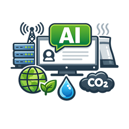 Pictogram van kunstmatige intelligentie met datacenters, computernetwerken, waterverbruik, CO₂-uitstoot en een wereldbol als symbool voor de milieubelasting en duurzaamheid van AI.