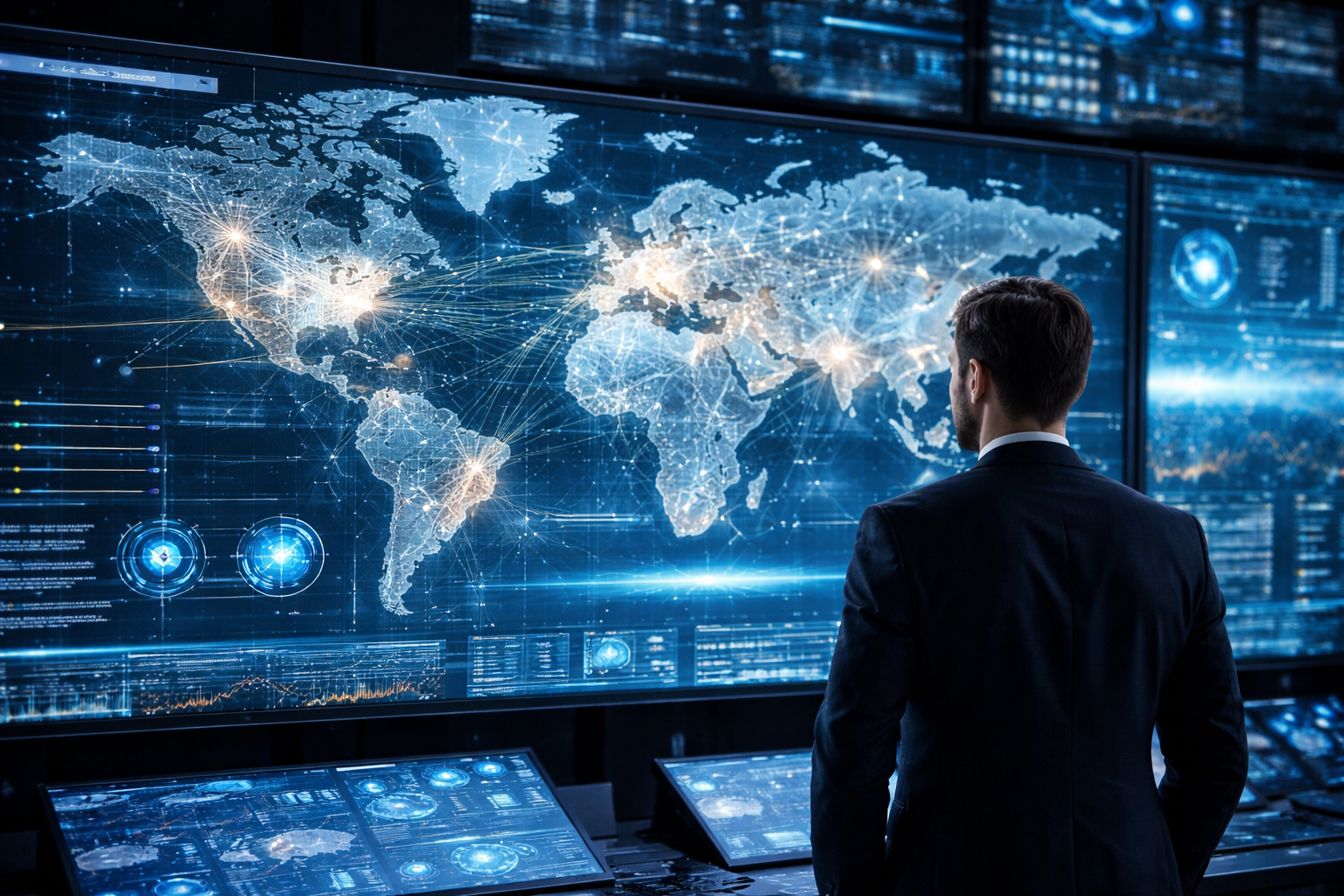 persoon kijkt naar digitale wereldkaart met AI- en datastromen op schermen