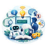 Digitale kennisbank met open boek, AI-chatbot, vergrootglas en beveiligingssymbolen. Illustratie over digitale vaardigheden, AI-geletterdheid, mediawijsheid en online veiligheid.