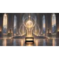 Symbolische illustratie van een gloeiende, mechanische sculptuur in een kerkinterieur, met een knielbankje ervoor, als beeld voor ons vertrouwen in AI
