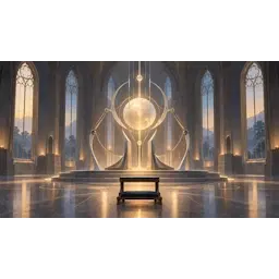 Symbolische illustratie van een gloeiende, mechanische sculptuur in een kerkinterieur, met een knielbankje ervoor, als beeld voor ons vertrouwen in AI