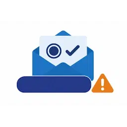 Open envelop met een document, een munt en een vinkje en een grote knop met een waarschuwingsdriehoek, als beeld voor een valse mail over een belastingteruggaaf