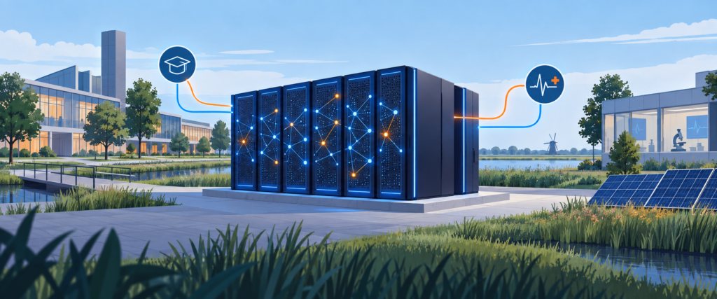 Illustratie van een Nederlandse AI-supercomputer op een onderzoekscampus in Groningen