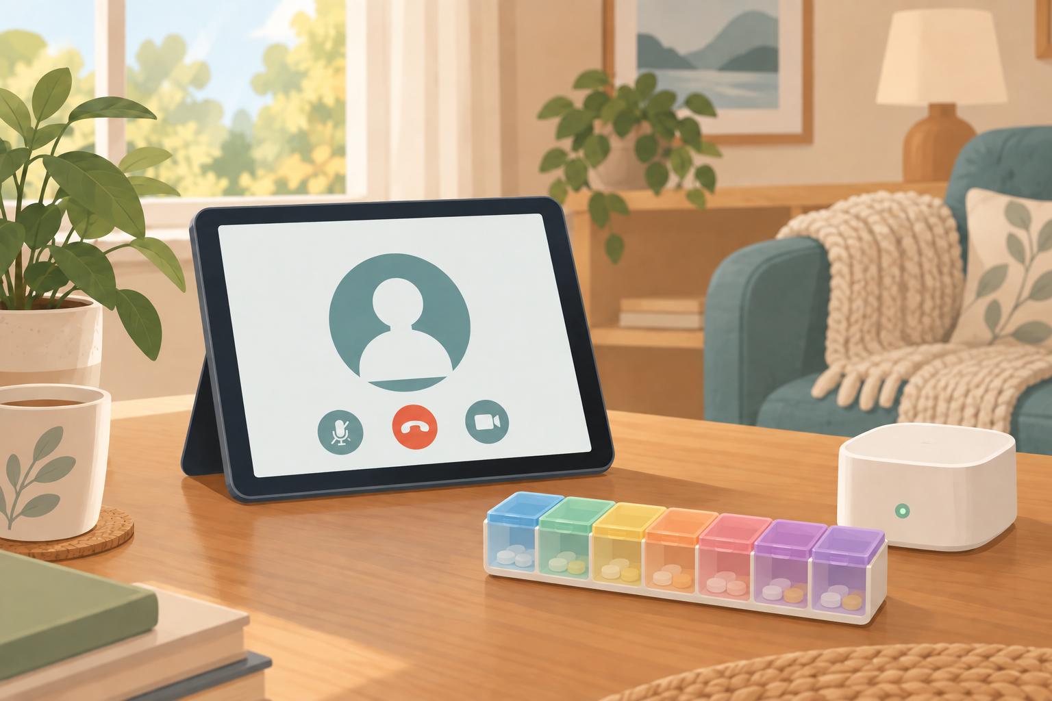 Illustratie van digitale zorg thuis, met een tablet voor beeldbellen, een medicijndispenser en een slim sensorlampje
