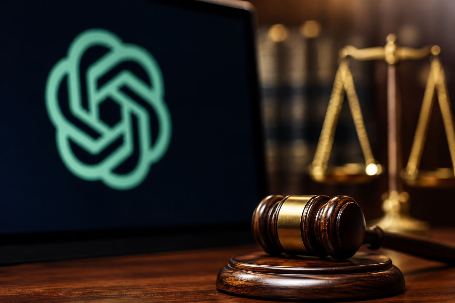 Rechtershamer voor een scherm met AI-technologie als symbool voor de rechtszaak tegen OpenAI en de discussie over verantwoordelijkheid van kunstmatige intelligentie.