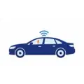 Auto met signaalgolven die van het dak vertrekken en een oranje microfoon achter de voorruit, als beeld voor gegevens die een moderne auto verstuurt