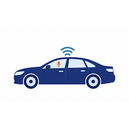 Auto met signaalgolven die van het dak vertrekken en een oranje microfoon achter de voorruit, als beeld voor gegevens die een moderne auto verstuurt