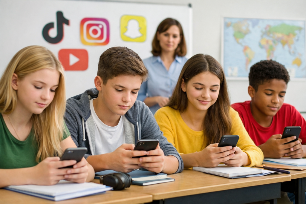 leerlingen gebruiken smartphones in klaslokaal sociale media jongeren