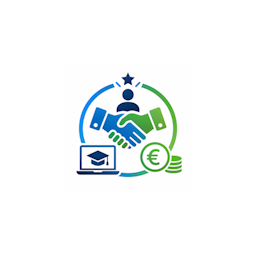 Pictogram van een samenwerking tussen een opleidingsplatform en een partner, met een handdruk, laptop met afstudeerhoed en euroteken als symbool voor online leren, ambassadeurschap en commissie verdienen.