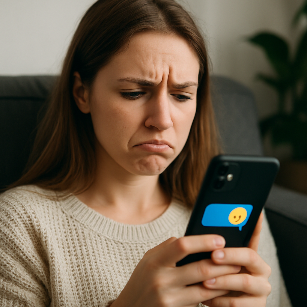 Jonge vrouw die bedrukt op haar telefoon kijkt, terwijl het blauwe licht van sociale media-apps haar gezicht verlicht; symbolische weergave van de negatieve impact van socialmediagebruik op mentale gezondheid.