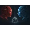 Symbolische illustratie van twee tegenover elkaar staande gloeiende vormen in rood en blauw, met een wereldbol-silhouet eronder, als beeld voor de AI-strijd tussen de VS en China