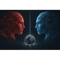 Symbolische illustratie van twee tegenover elkaar staande gloeiende vormen in rood en blauw, met een wereldbol-silhouet eronder, als beeld voor de AI-strijd tussen de VS en China