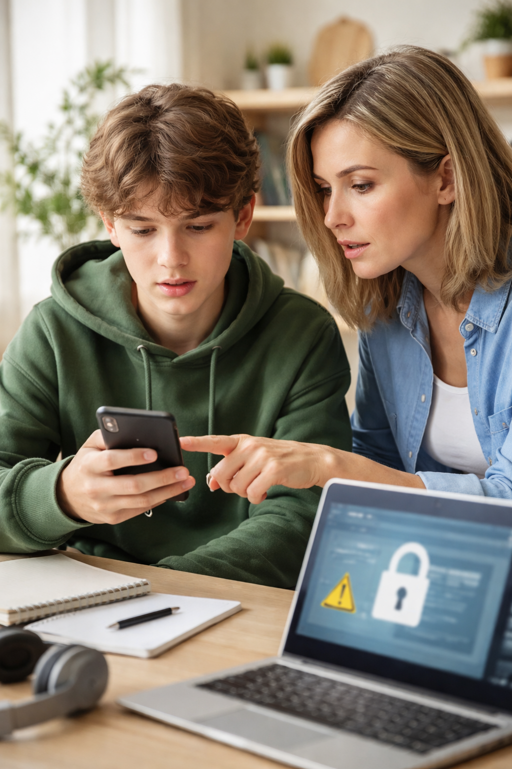 Tiener gebruikt smartphone terwijl ouder meekijkt naar online veiligheid