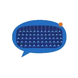 Chatbubbel met daarin rijen bureaus met schermen en touwtjes die naar de bubbel lopen, als beeld voor een georganiseerde organisatie achter de chat