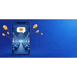 Smartphone met een vriendelijk chatbericht, met daarachter een fabriekshal vol schermen als beeld van een scamfabriek
