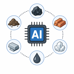 Pictogram van een AI-chip omringd door grondstoffen zoals metalen, mineralen en andere natuurlijke hulpbronnen. De illustratie laat zien dat voor de productie van AI-processoren en computerchips verschillende grondstoffen nodig zijn.